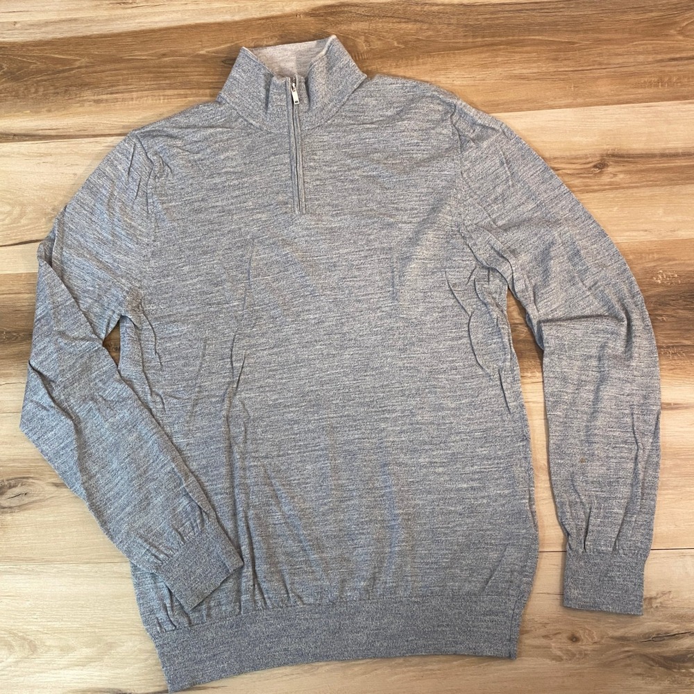 Reiss 1/4 Zip Sweater Mens XL Gray 100% Merino Wool Quarter Zip Sweater